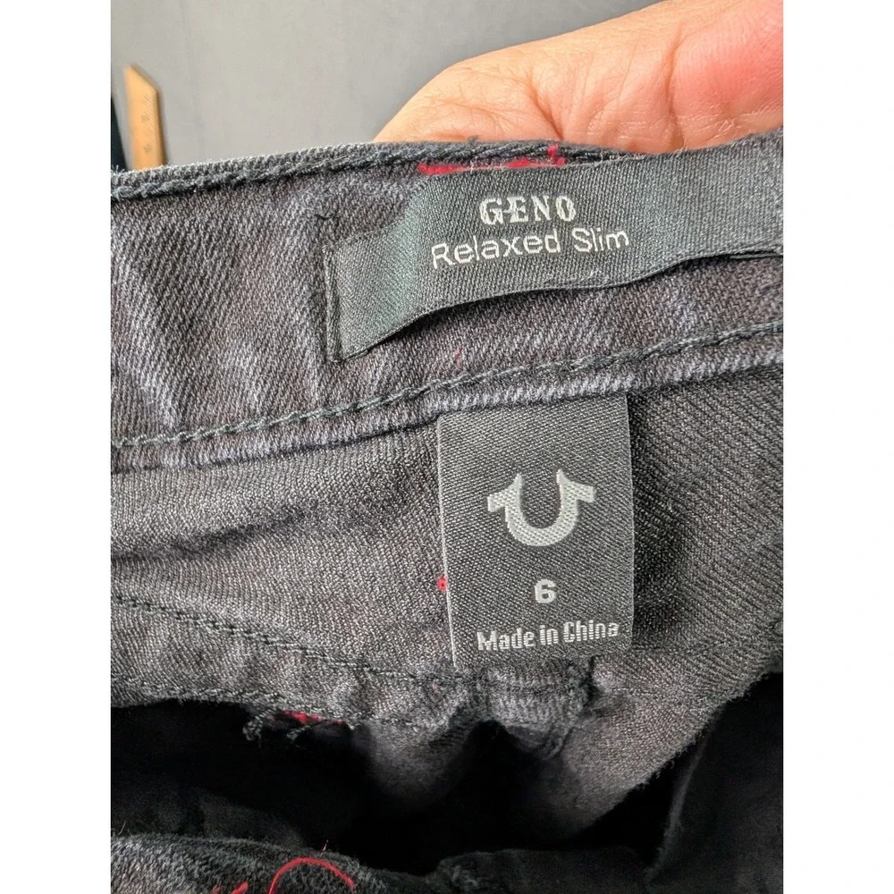 True Religion Boys Geno Relaxed Slim‎ Black Jeans Size 6 Red Stitching 40689